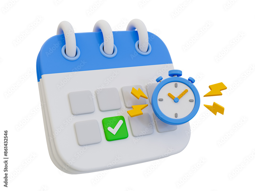 3D illustration of calendar and stopwatch, highlighting time management, scheduling, and productivity. 3D illustration of calendar and stopwatch, highlighting time management, scheduling, and productivity.