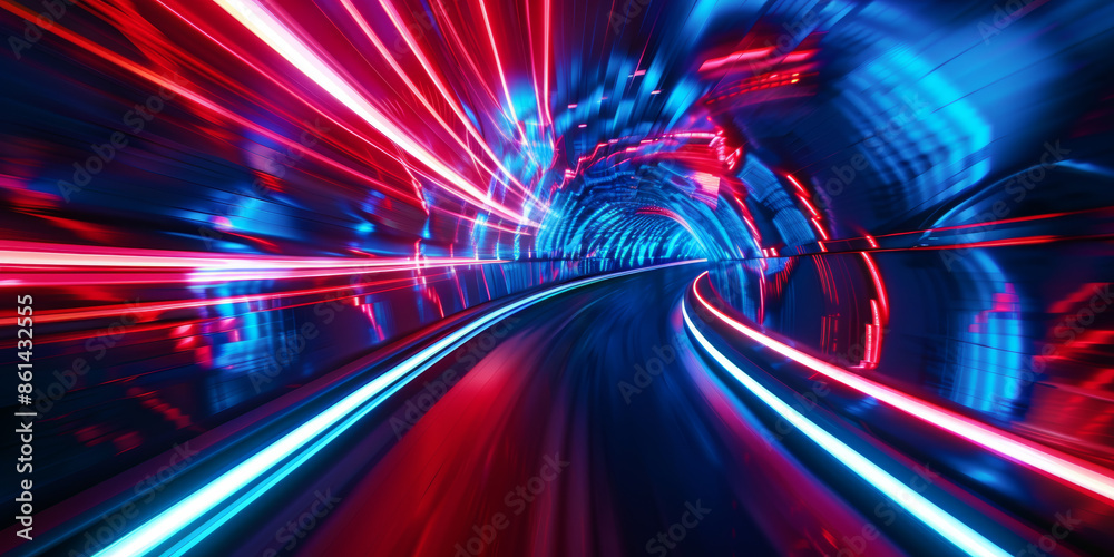 Futuristic Neon Light Tunnel with Motion Blur in Red and Blue Hues Futuristic Neon Light Tunnel with Motion Blur in Red and Blue Hues