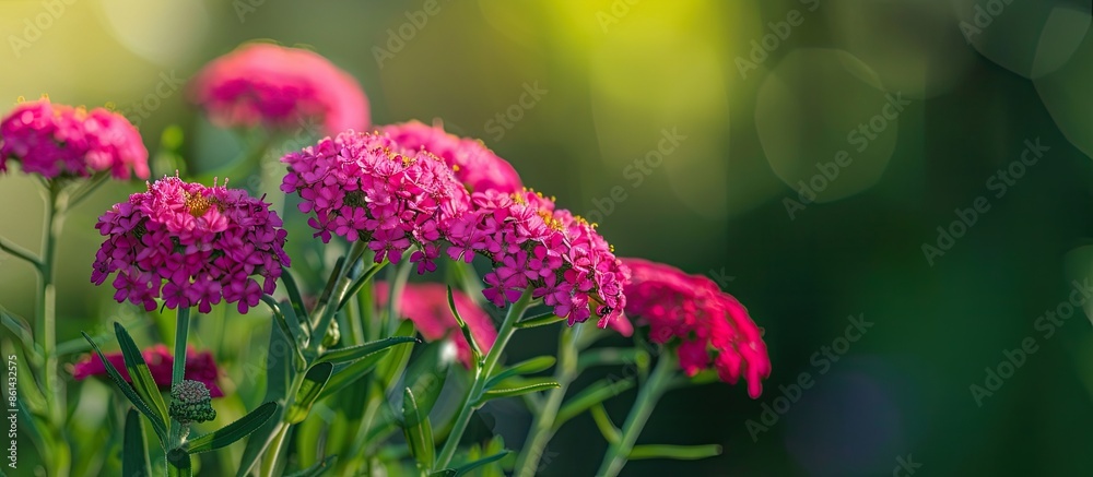 Bright pink Yarrow in morning sunlight at Sea Pines Gardens with a green background, ideal for a copy space image. Bright pink Yarrow in morning sunlight at Sea Pines Gardens with a green background, ideal for a copy space image.
