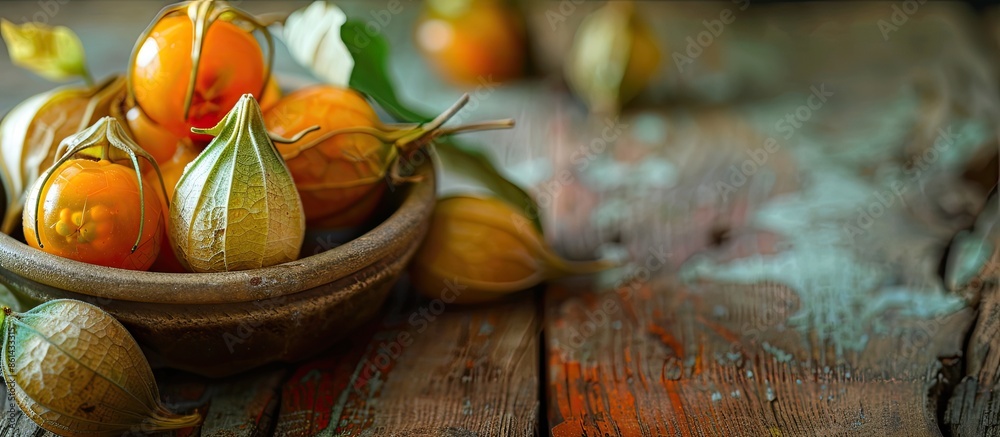Close-up of physalis fruits with their calyxes in a bowl on a wooden table, creating a copy space image. Close-up of physalis fruits with their calyxes in a bowl on a wooden table, creating a copy space image.