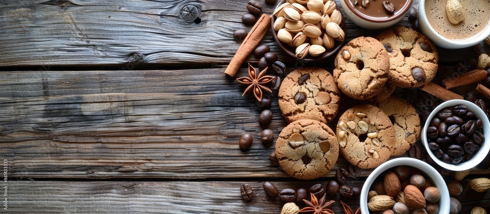 Flat lay view of cookies containing peanuts, cinnamon sticks, coffee beans, and nuts on a weathered wooden rustic backdrop with room for text in the image. image with copy space