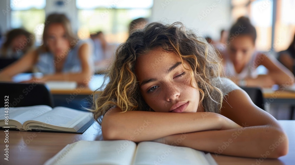 A classroom scene where students are resting on their open books, suggesting exhaustion or deep concentration. The blurred background shows more students at desks. A classroom scene where students are resting on their open books, suggesting exhaustion or deep concentration. The blurred background shows more students at desks.