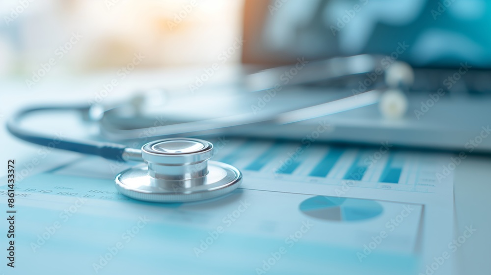 Close-up of a stethoscope on a financial document with blurred background, symbolizing healthcare and analytics in medicine. Close-up of a stethoscope on a financial document with blurred background, symbolizing healthcare and analytics in medicine.
