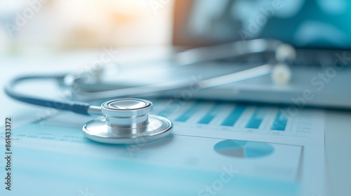 Close-up of a stethoscope on a financial document with blurred background, symbolizing healthcare and analytics in medicine.