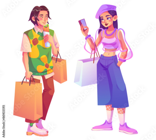 Mall buyer characters with shopping bags. Cartoon vector illustration set of happy smiling young man and woman in market. Customers buy goods in store. People shoppers holding paper packages.