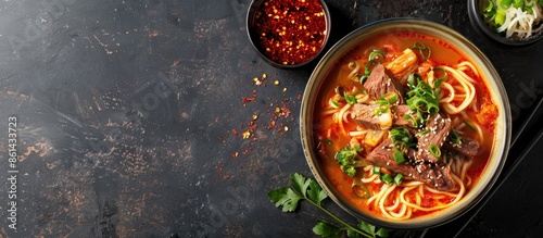 Beef soup noodles with Kimchi, a Korean dish, are presented in a copy space image. photo