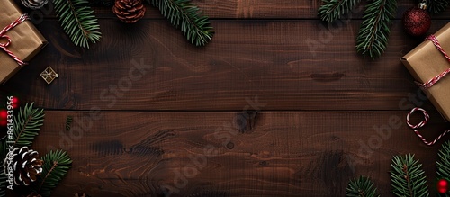 Dark brown background with Christmas elements like a gift box, fir branches, and a wooden table viewed from above, providing copy space image. photo