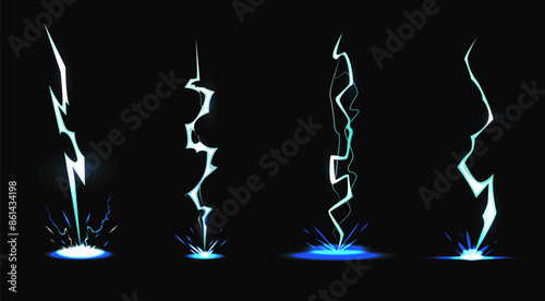 Lightning strikes ground. Thunder with sparks hit effects. Electric power energy. Game magic attack. Thunderstorm glow. Electricity impact. Cartoon thunderbolt dazzle flashes vector set