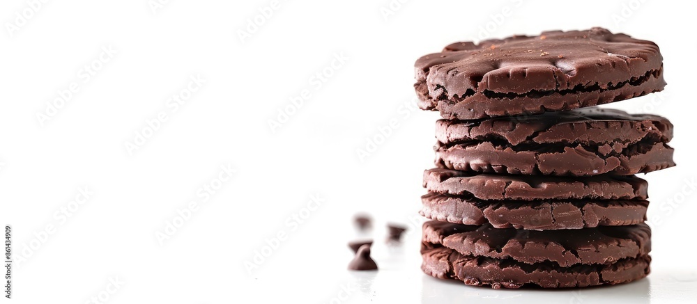 Chocolate biscuits displayed on a white background, perfect for food and bakery themes, with room for text or other images. image with copy space Chocolate biscuits displayed on a white background, perfect for food and bakery themes, with room for text or other images. image with copy space
