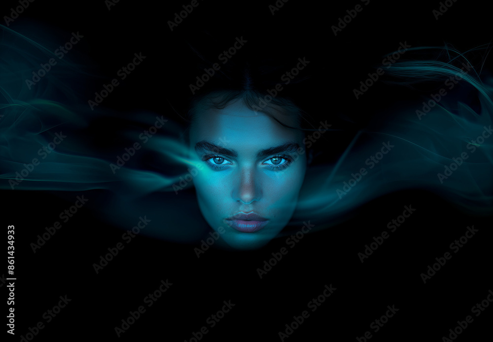 Ethereal Portrait of a Woman with Enigmatic Blue Aura in Mystical Night Scene Ethereal Portrait of a Woman with Enigmatic Blue Aura in Mystical Night Scene