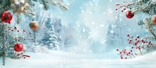 Celebrate the festive season with a charming winter landscape complete with snow and beautiful decorations against a copy space image.