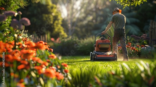 A gardener works in the garden, tidies it up, mows the lawn photo