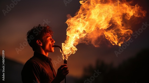 A fire breather performing at dusk  photo