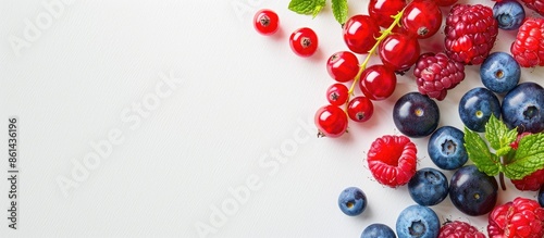 Assortment of ripe red currants, blueberries, and raspberries with mint, bordering a white background with a copy space image, viewed from the top.