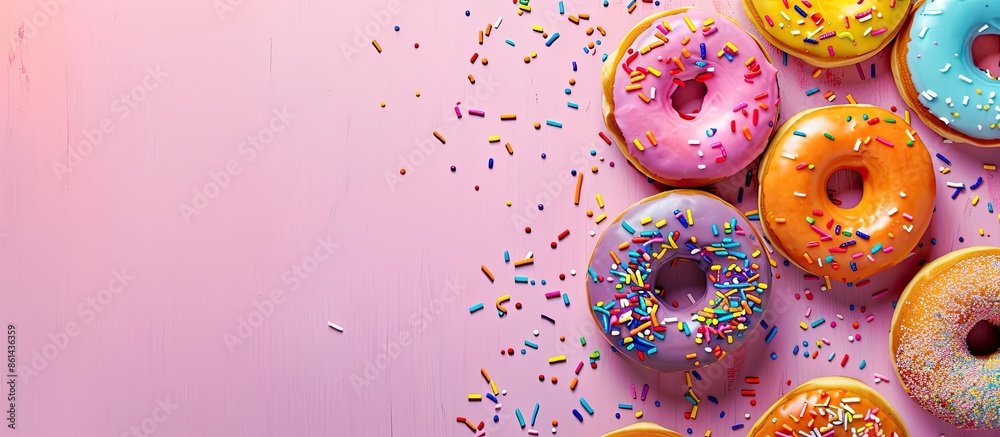 Close-up of tasty glazed donuts on colorful background with copy space image. Close-up of tasty glazed donuts on colorful background with copy space image.