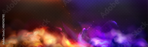 Ice and fire abstract smoke overlay effect on transparent background. Vector realistic illustration of orange flame with hot red sparkles and cold air flow pattern, natural power resistance concept