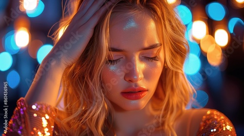 A woman with glitter makeup on her face has her eyes closed, wearing a sequined outfit, set against a backdrop of colorful, blurred lights, creating an artistic, dreamy ambiance.