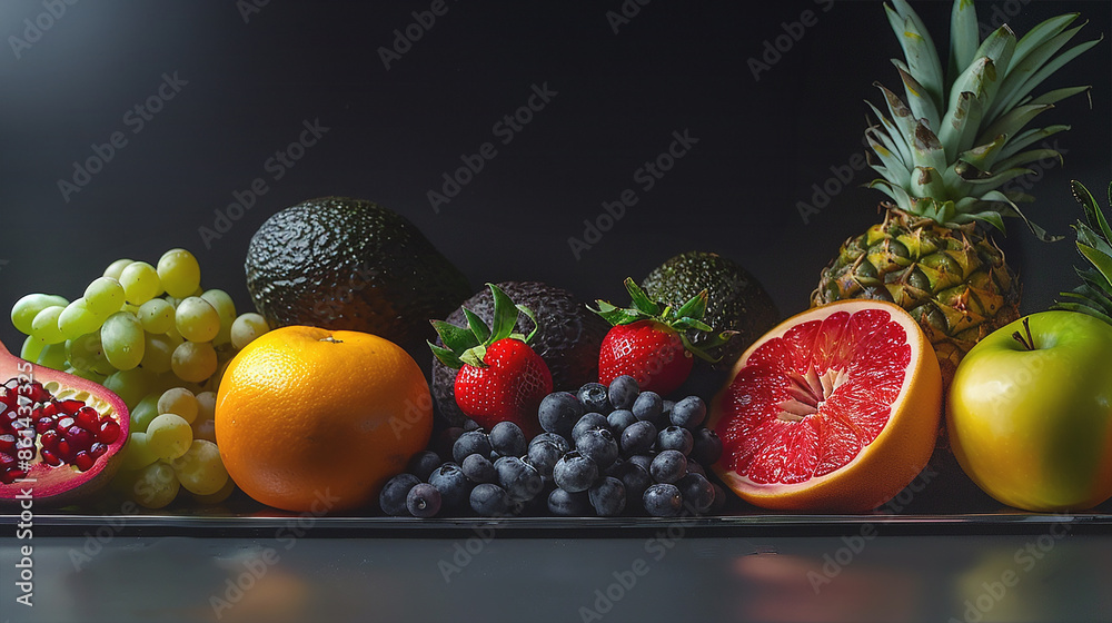 Mixed fruits of various colors, elegant and dark in the background. Mixed fruits of various colors, elegant and dark in the background.
