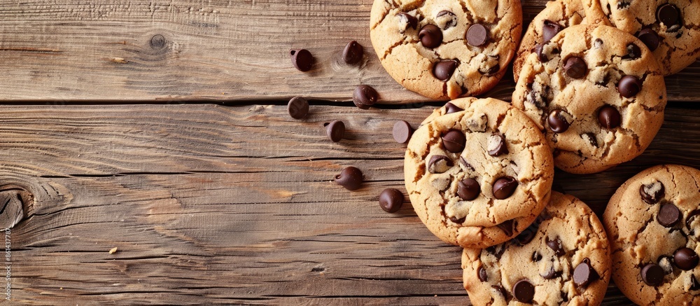 Close-up of chocolate chip cookies on a wooden table with copy space image available. Close-up of chocolate chip cookies on a wooden table with copy space image available.