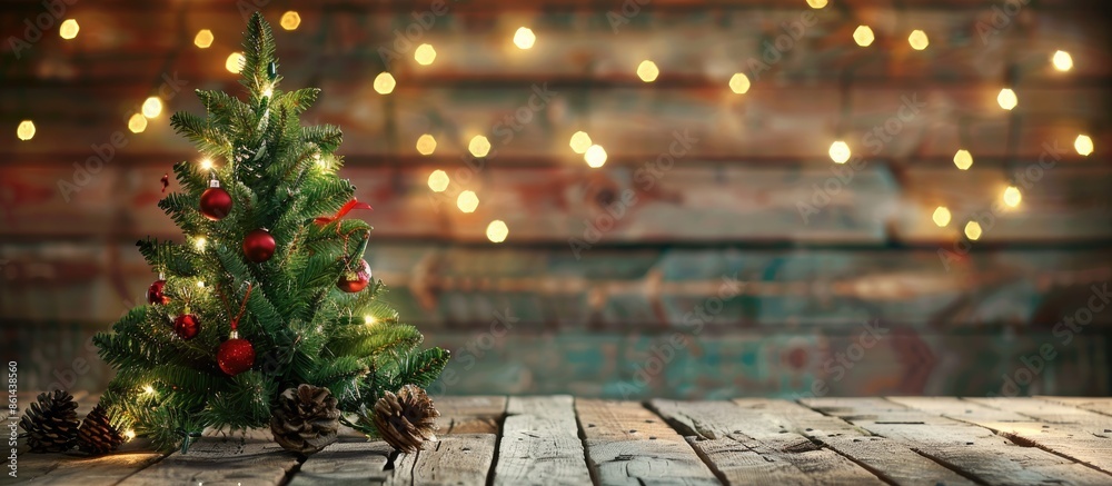 Festive Christmas theme with a beautifully decorated tree on a wooden table, providing a perfect background for the copy space image. Festive Christmas theme with a beautifully decorated tree on a wooden table, providing a perfect background for the copy space image.