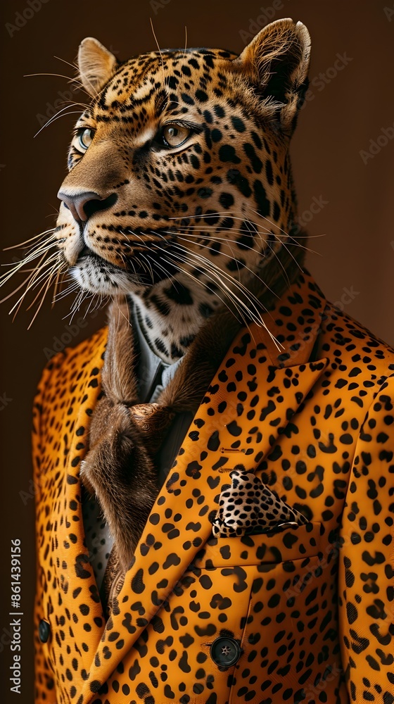 Fototapeta premium Fierce Leopard Head in Sleek Business Suit with Intense Gaze against Plain Background