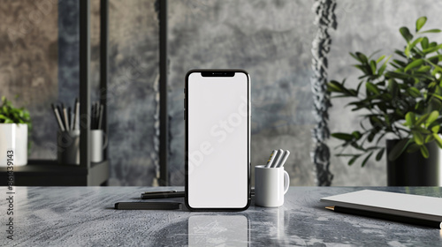 A Mockup of a blank phone white solid white screen laying on a concrete table with office stationery beside it photo