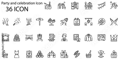 Set of party and celebration icons. Line art style icons bundle. vector illustration
