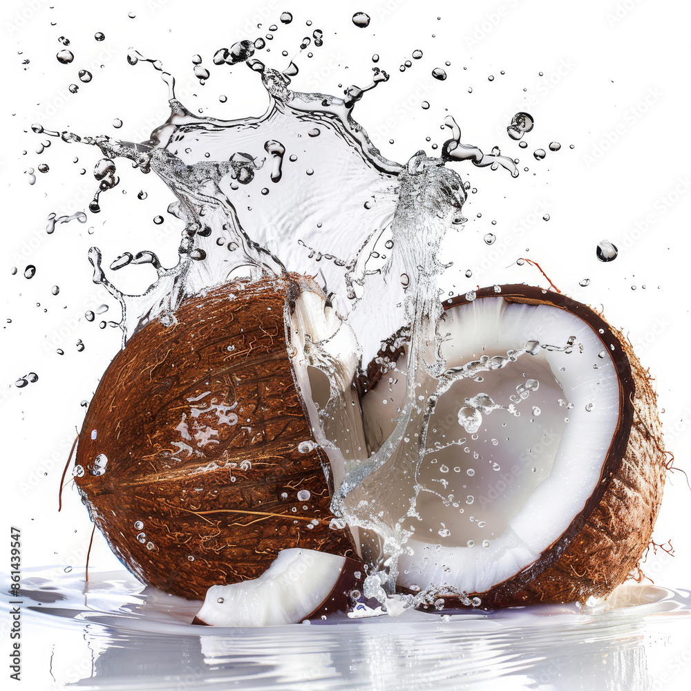 Water splash with fruits isolated on a white background, featuring fresh coconut. Water splash with fruits isolated on a white background, featuring fresh coconut.