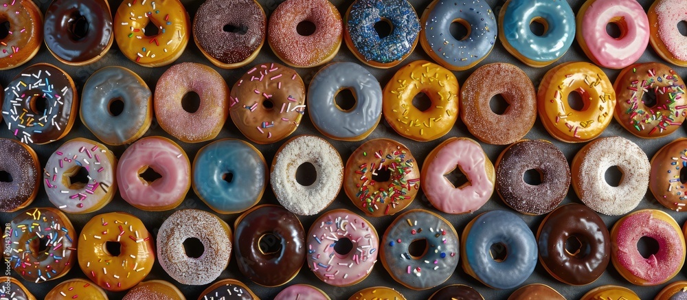 Fototapeta premium Donuts in various colors arranged neatly with an area for adding text or images in the background for a visually appealing copy space image.