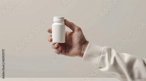 Man hand holding white little blank bottle mockup for pills