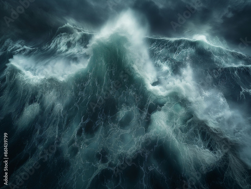 Aerial view to ocean waves. Blue water background © GenAI