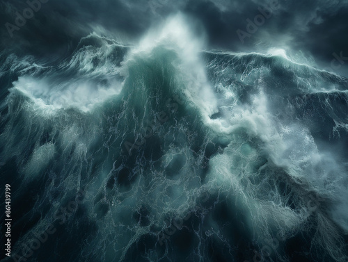 Aerial view to ocean waves. Blue water background