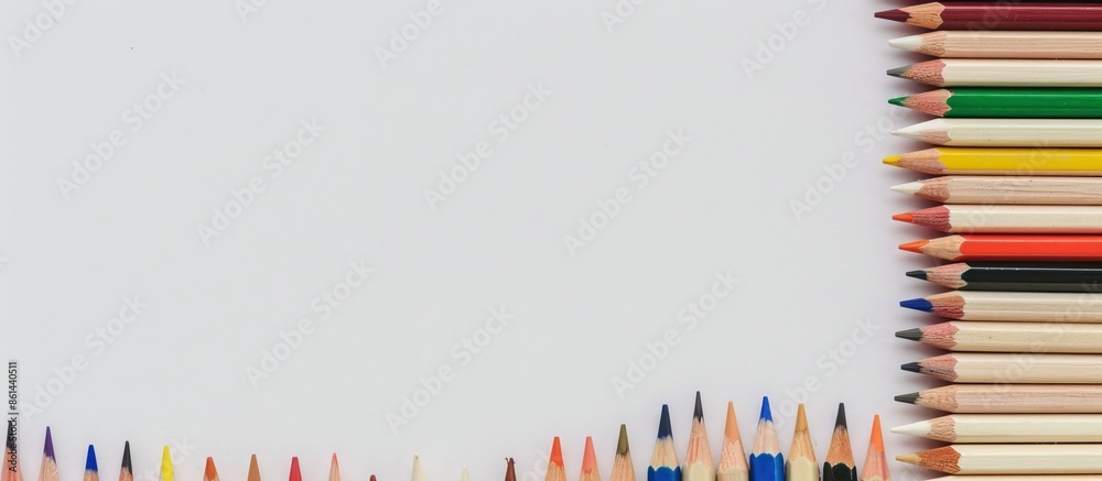 Fototapeta premium Colorful pencils displayed in a top-down close-up view on a white background with a focus on the text. Ideal for a copy space image.