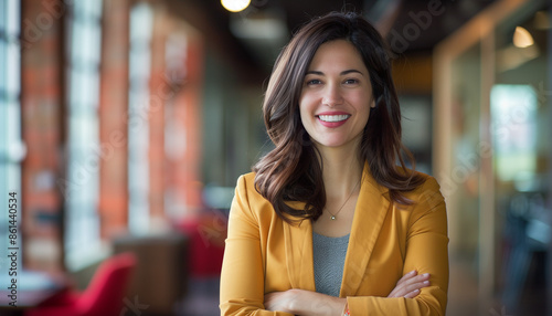 A smiling woman in a yellow blazer stands confidently with her arms crossed in a brightly lit modern office, exuding warmth, confidence, and professionalism