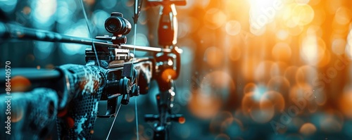 Close-up photo of a compound bow setup with a blurred background, highlighting the precision and details under warm lighting. photo