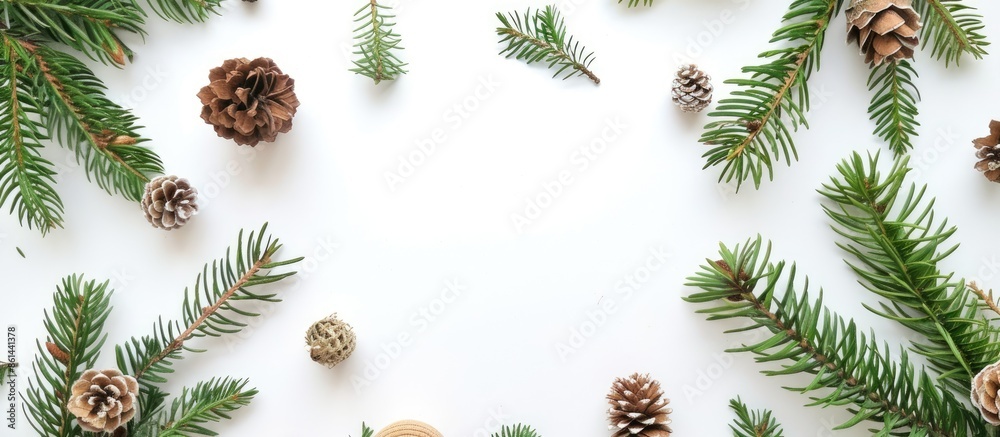 Copy space image of Thuja branches, spruce, and New Year's decorations arranged in a flat lay style for a mockup with a top view. Copy space image of Thuja branches, spruce, and New Year's decorations arranged in a flat lay style for a mockup with a top view.