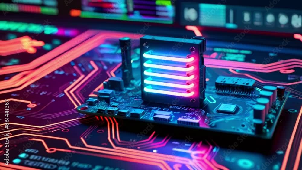 This is an illustration of a computer motherboard with a glowing CPU. The motherboard is dark colored with several brightly colored electronic components.