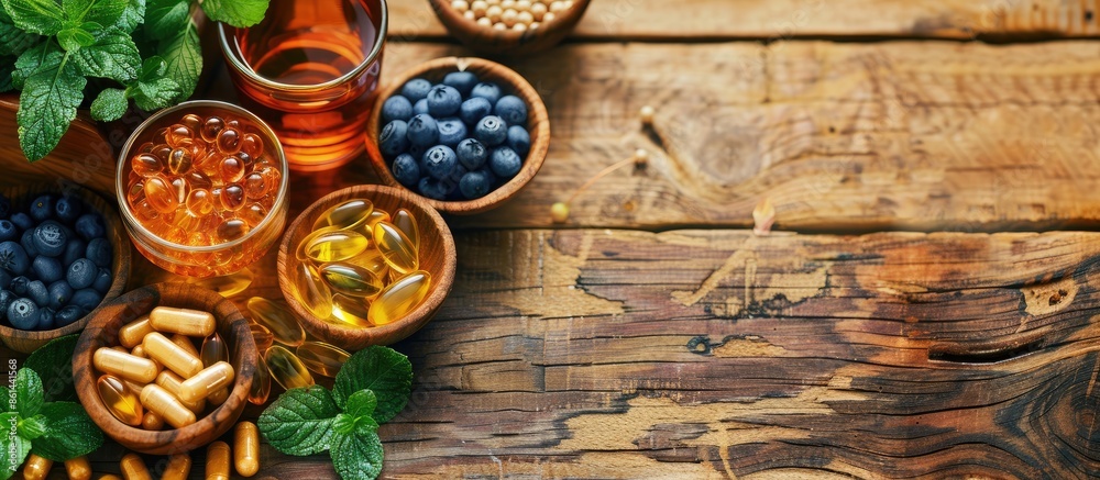 An image with copy space showing herbal medicine, vitamins, and antioxidants arranged on a wooden table, conveying a concept of health and wellness. An image with copy space showing herbal medicine, vitamins, and antioxidants arranged on a wooden table, conveying a concept of health and wellness.