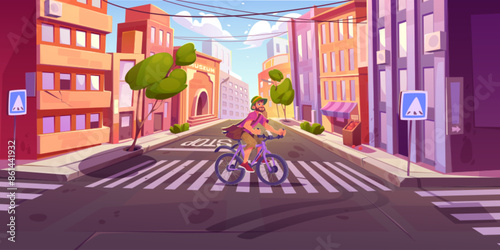 Young man ride bicycle and cross road in city. Cartoon vector male character in hat and with bag on bike on intersection of town asphalt way on summer sunny day. Person on cycle on urban street.