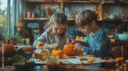 Two kids are happily carving pumpkins on a table, getting ready for Halloween inside a cozy, warmly lit room with decorations around them.
