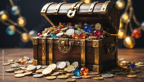 A treasure chest filled with coins and gems, symbolizing wealth and prosperity.