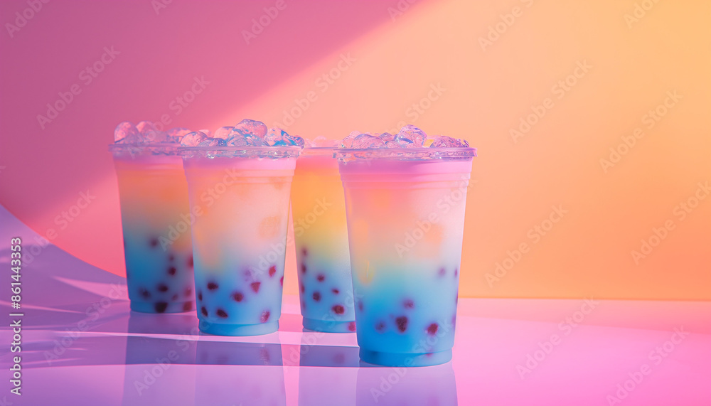 Four cups of colorful bubble tea with ice cubes, set against a soft, pastel background, evoking a sense of fun, freshness, and delightful indulgence Four cups of colorful bubble tea with ice cubes, set against a soft, pastel background, evoking a sense of fun, freshness, and delightful indulgence