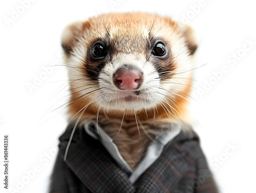 Playful Ferret Dressed in a Sleek Modern Suit on a White Backdrop