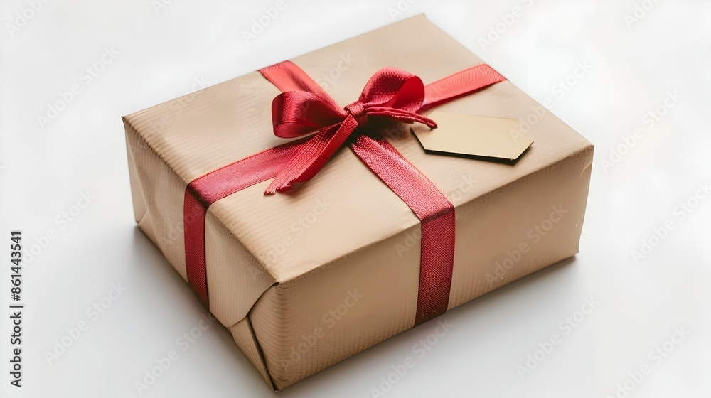 Neatly Wrapped Parcel Box with Red Bow and Gift Tag on White Background Neatly Wrapped Parcel Box with Red Bow and Gift Tag on White Background