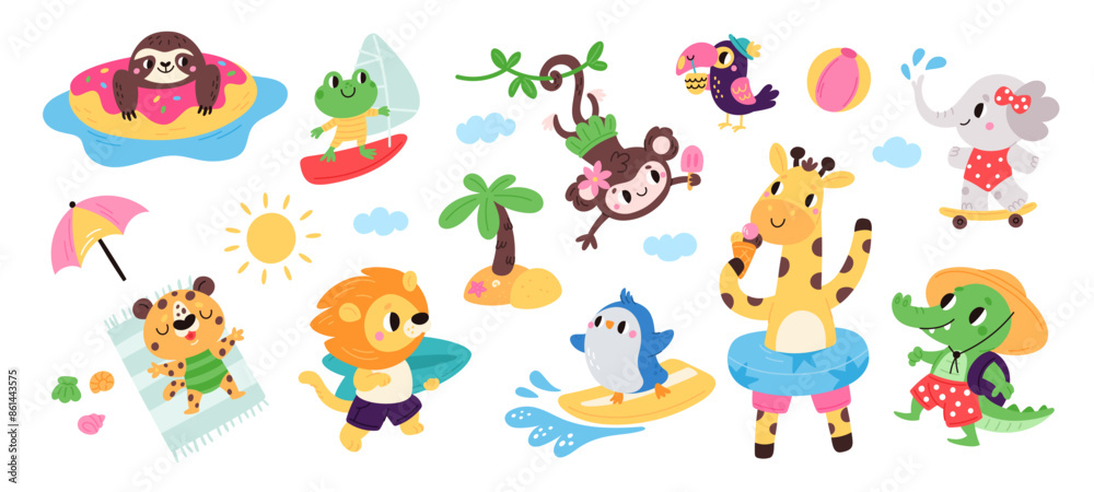 Cute animals on beach. Fauna characters with lifebuoys and surfboards. Summer holidays. Lion with ice cream. Monkey sunbathing. Giraffe in bikini. Sloth swimming. Garish vector set Cute animals on beach. Fauna characters with lifebuoys and surfboards. Summer holidays. Lion with ice cream. Monkey sunbathing. Giraffe in bikini. Sloth swimming. Garish vector set