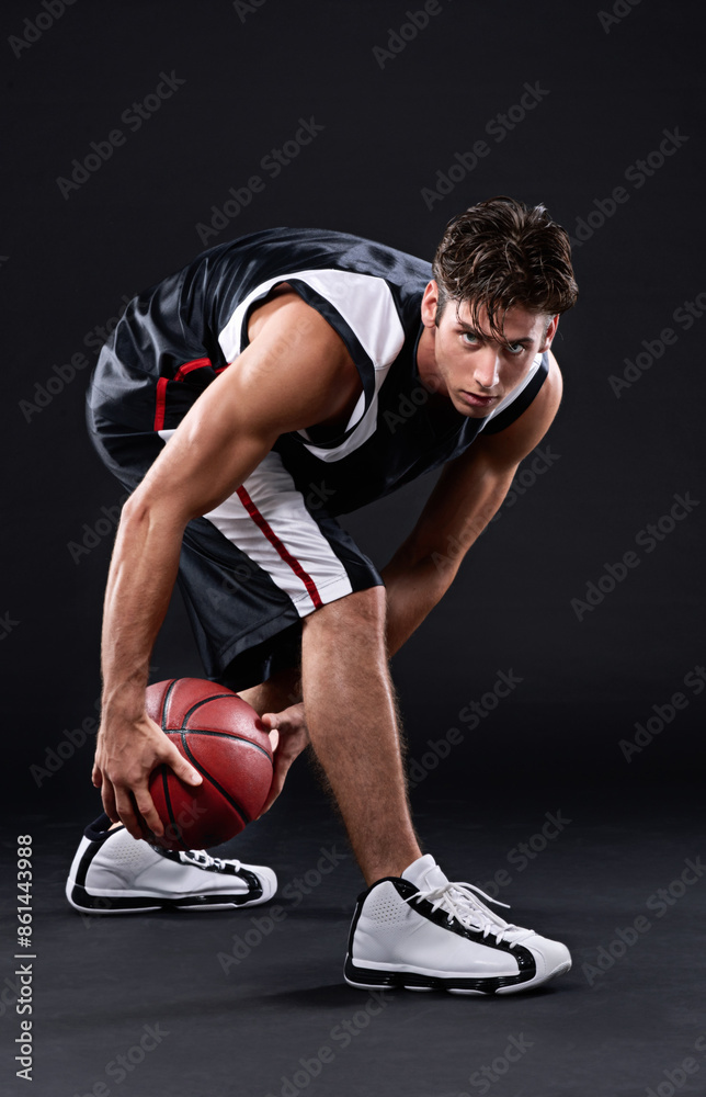 Sports, man and basketball player with ball for training, exercise and workout isolated in studio. Fitness, male person and athlete for match practice and warm up preparation with dark background Sports, man and basketball player with ball for training, exercise and workout isolated in studio. Fitness, male person and athlete for match practice and warm up preparation with dark background