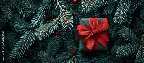 Festive Christmas gift box with a red bow nestled in fir branches creates a Xmas and New Year composition with a white copy space image.