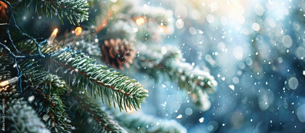Festive holidays backdrop featuring snowfall, a fir-tree, and a Christmas card with selective focus, suitable for New Year themes with copy space in the image. Festive holidays backdrop featuring snowfall, a fir-tree, and a Christmas card with selective focus, suitable for New Year themes with copy space in the image.