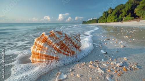 triton shell lying on the sandy beach, beautifully detailed against the shoreline photo