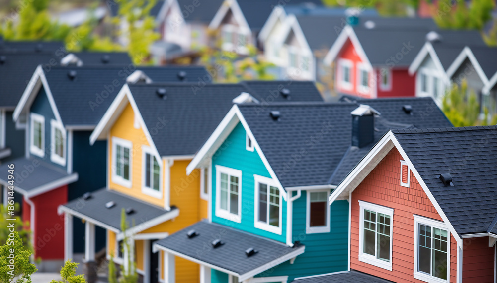 A row of colorful houses in a suburban neighborhood with vibrant blue, red, and yellow exteriors, creating a cheerful and lively atmosphere A row of colorful houses in a suburban neighborhood with vibrant blue, red, and yellow exteriors, creating a cheerful and lively atmosphere